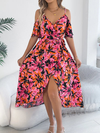 Printed Cold Shoulder Midi Cami Dress