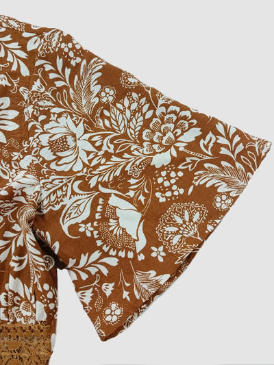 Lace Detail Printed Short Sleeve Midi Dress