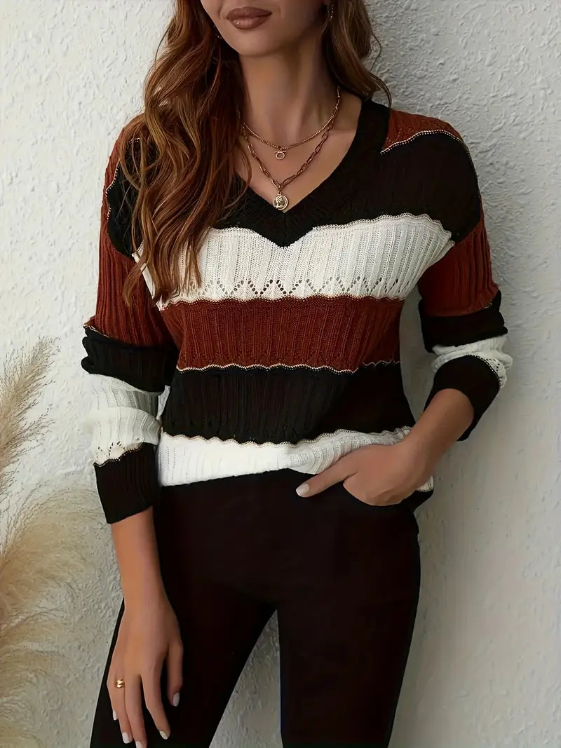 ELEGANTER GESTREIFTER V-AUSSCHNITT PULLOVER | MODERNER STIL, KOMFORTABEL, VIELSEITIG