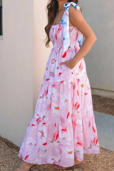 Floral Print Knotted Shoulder Smocked Maxi Dress