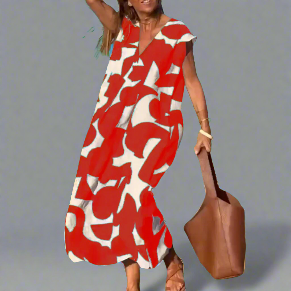 Linda| Bedrucktes V-Ausschnitt-Kleid Für Damen Aus Premiumstoff