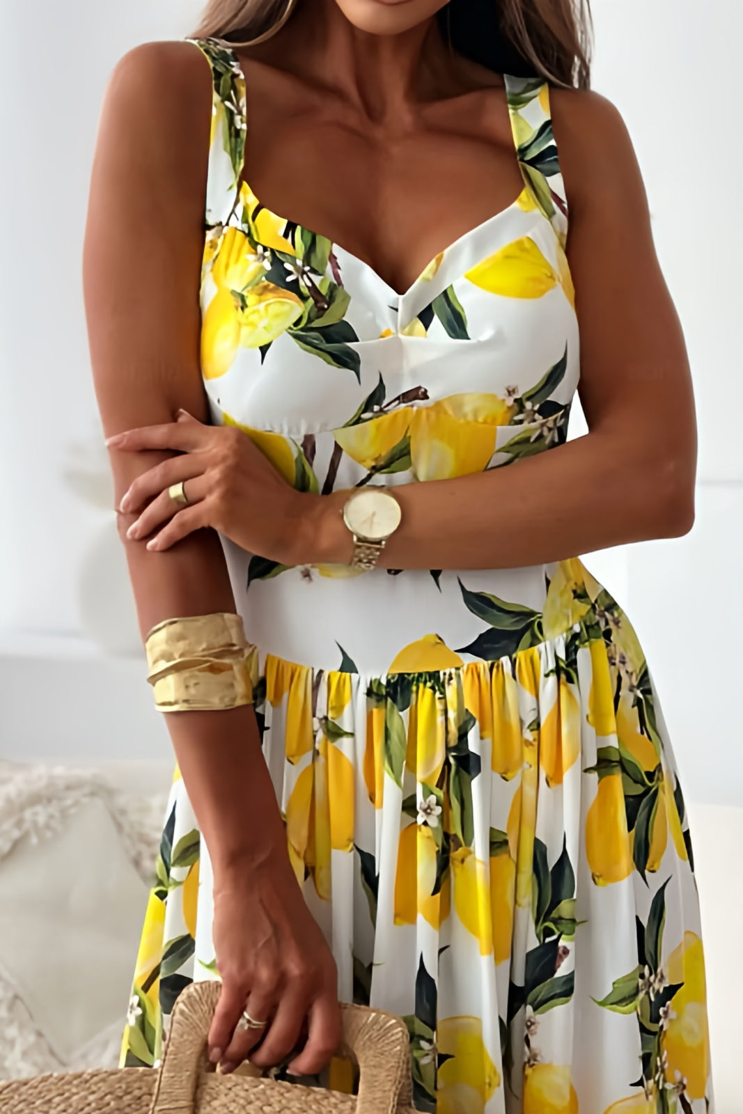 Lemon Print Sweetheart Neck Maxi Dress