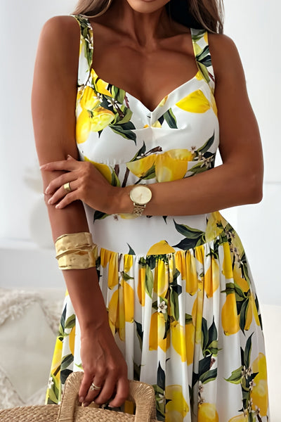 Lemon Print Sweetheart Neck Maxi Dress