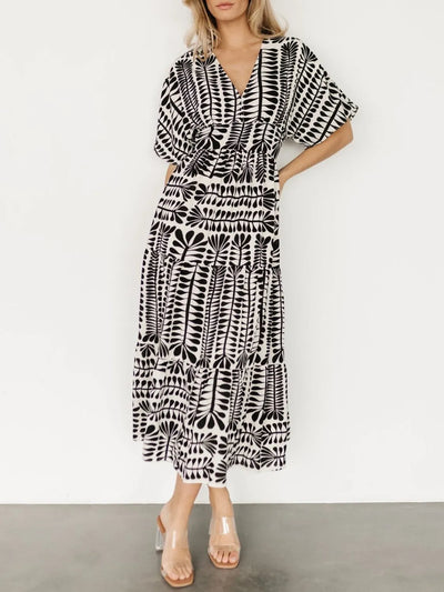 Ruched Printed V-Neck Half Sleeve Midi Dress