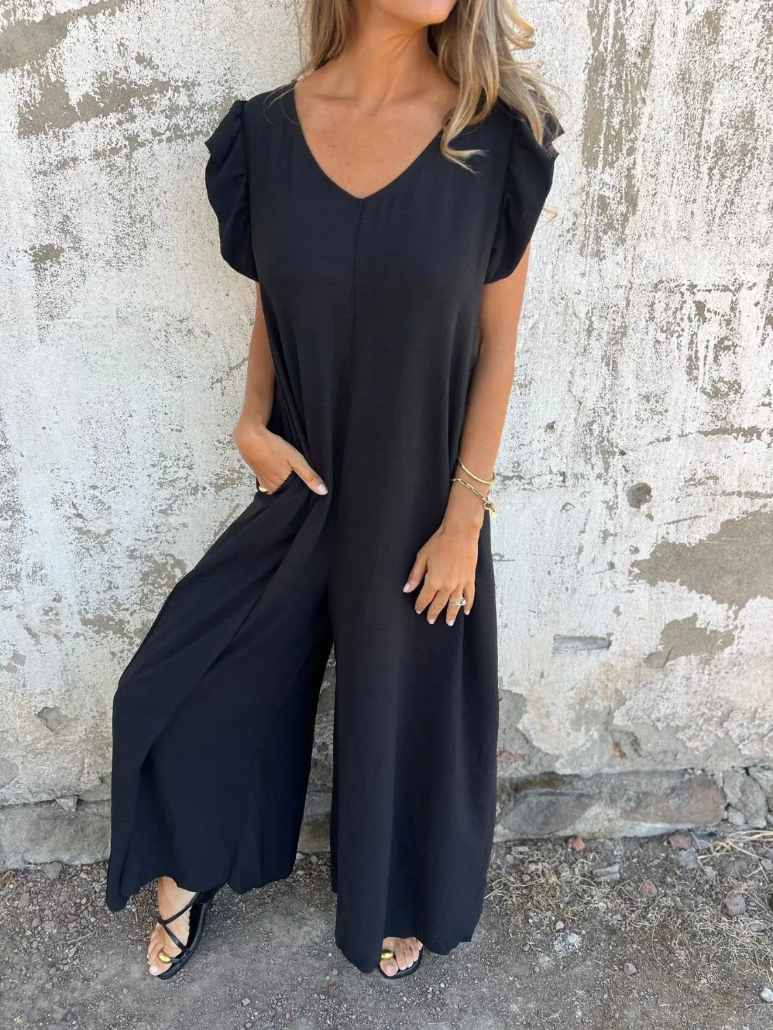 Full Size V-Neck Cap Sleeve Wide Leg Jumpsuit Plus Size