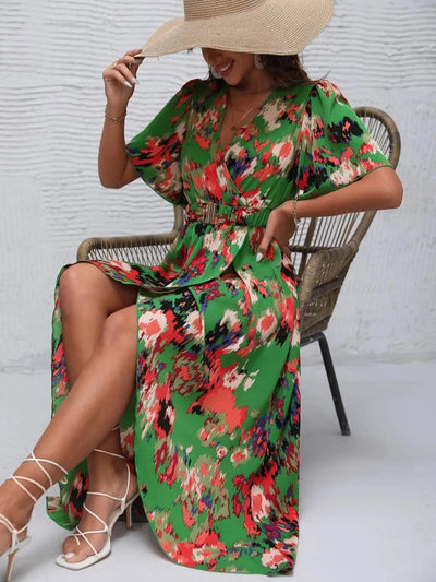Printed Surplice Short Sleeve Maxi Dress