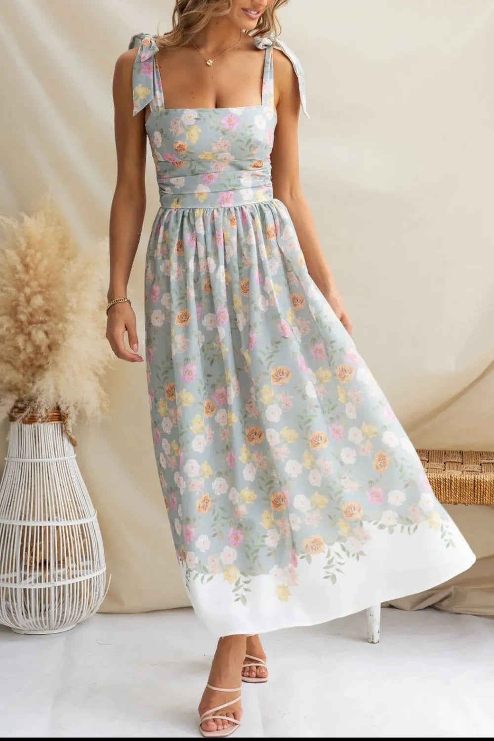 Printed Tie Shoulder Midi Cami Dress