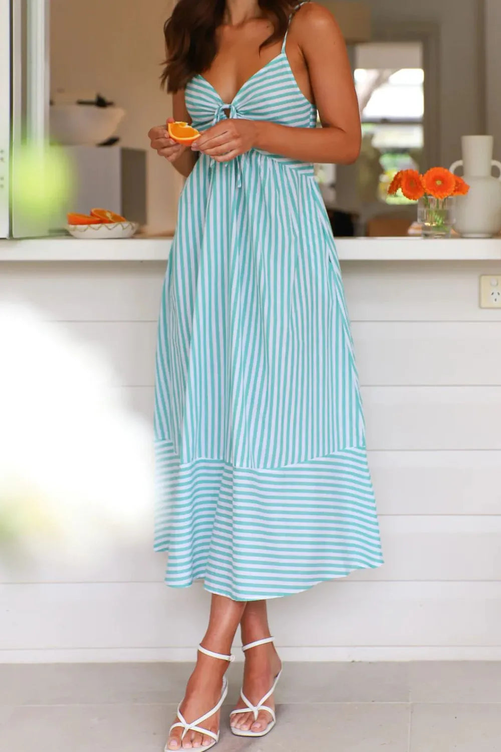 Smocked Back Striped Sleeveless Midi Cami Dress