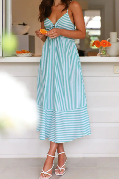 Smocked Back Striped Sleeveless Midi Cami Dress