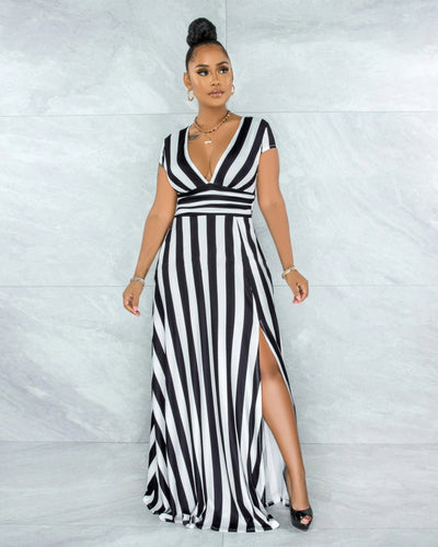 Loscana Kleid | Langes luxuriöses Damenkleid mit Streifen