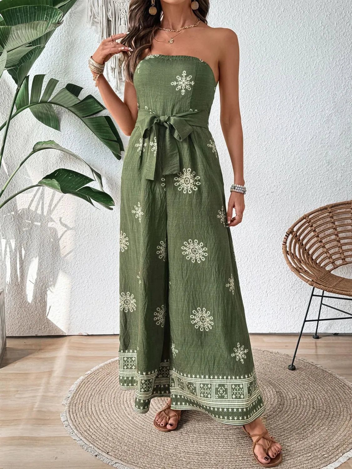 Printed Wide Leg Tube Jumpsuit