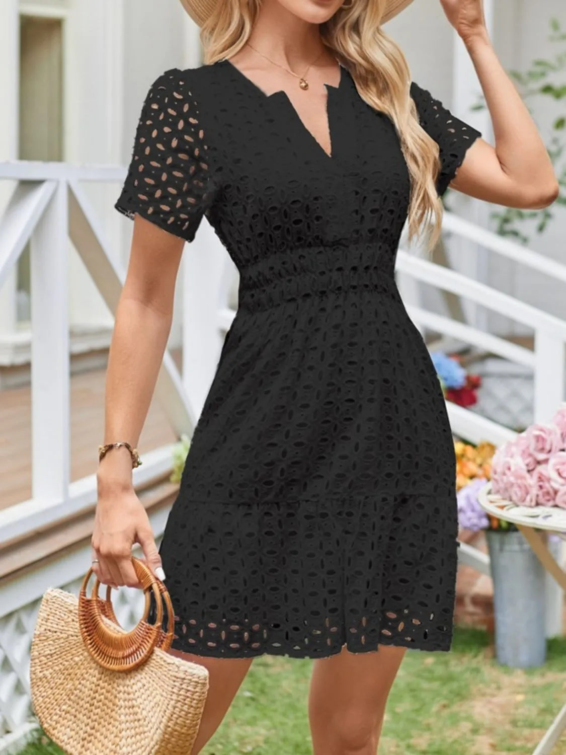 Eyelet Notched Short Sleeve Dress