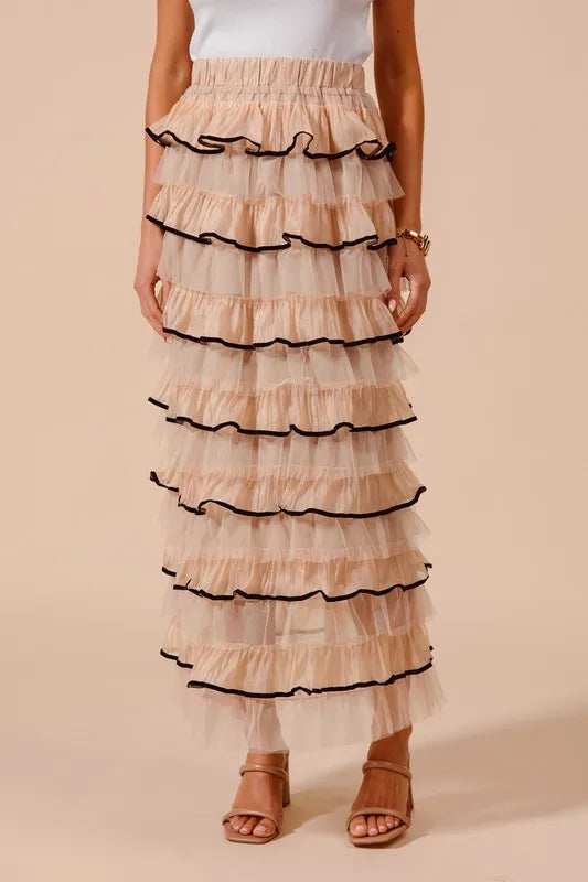 SO ME Layered Ruffled Tulle Maxi Skirt