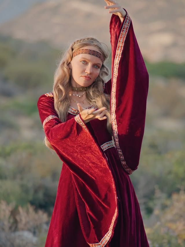 Renaissance Velvet Gown with Hood and Bell Sleeves
