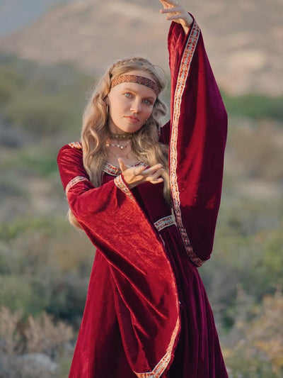 Renaissance Velvet Gown with Hood and Bell Sleeves
