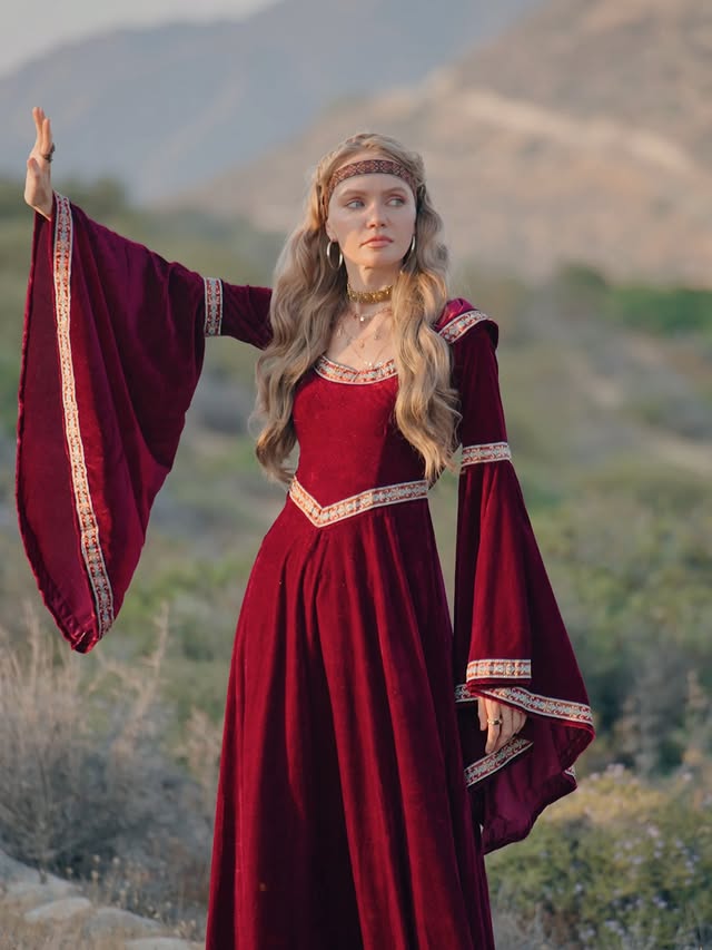 Renaissance Velvet Gown with Hood and Bell Sleeves