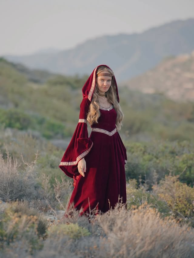 Renaissance Velvet Gown with Hood and Bell Sleeves