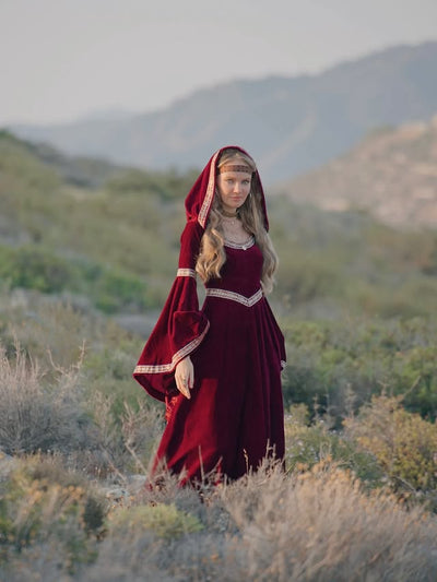 Renaissance Velvet Gown with Hood and Bell Sleeves