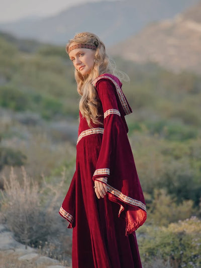 Renaissance Velvet Gown with Hood and Bell Sleeves