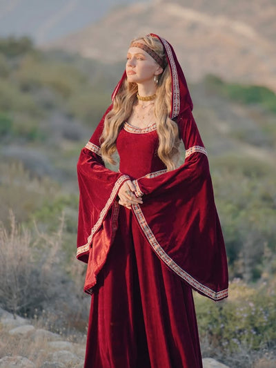 Renaissance Velvet Gown with Hood and Bell Sleeves