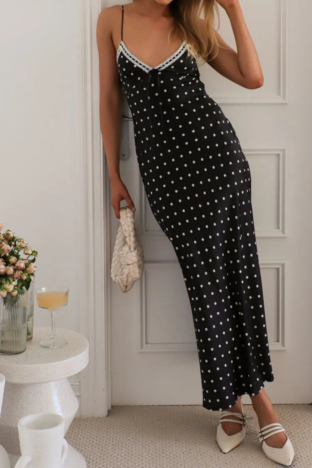 Polka Dot Square Neck Midi Cami Dress