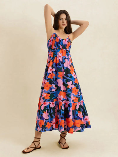 Smocked Back Ruffled Hem Printed Cami Dress