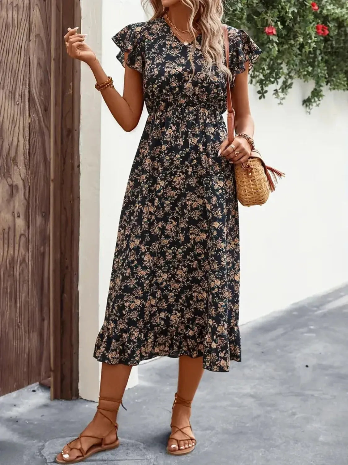 Ruffled Floral V-Neck Cap Sleeve Dress