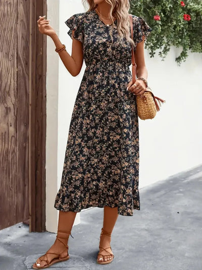 Ruffled Floral V-Neck Cap Sleeve Dress