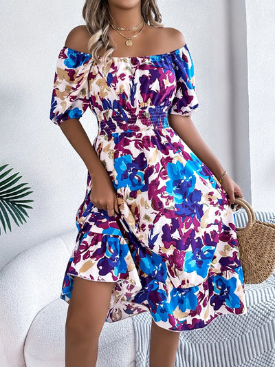 Ruffled Hem Smocked Floral Short Sleeve Midi Dress