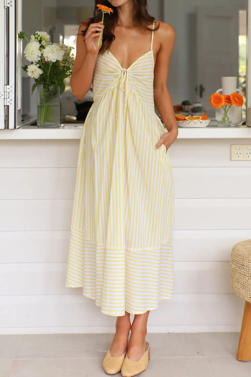 Smocked Back Striped Sleeveless Midi Cami Dress