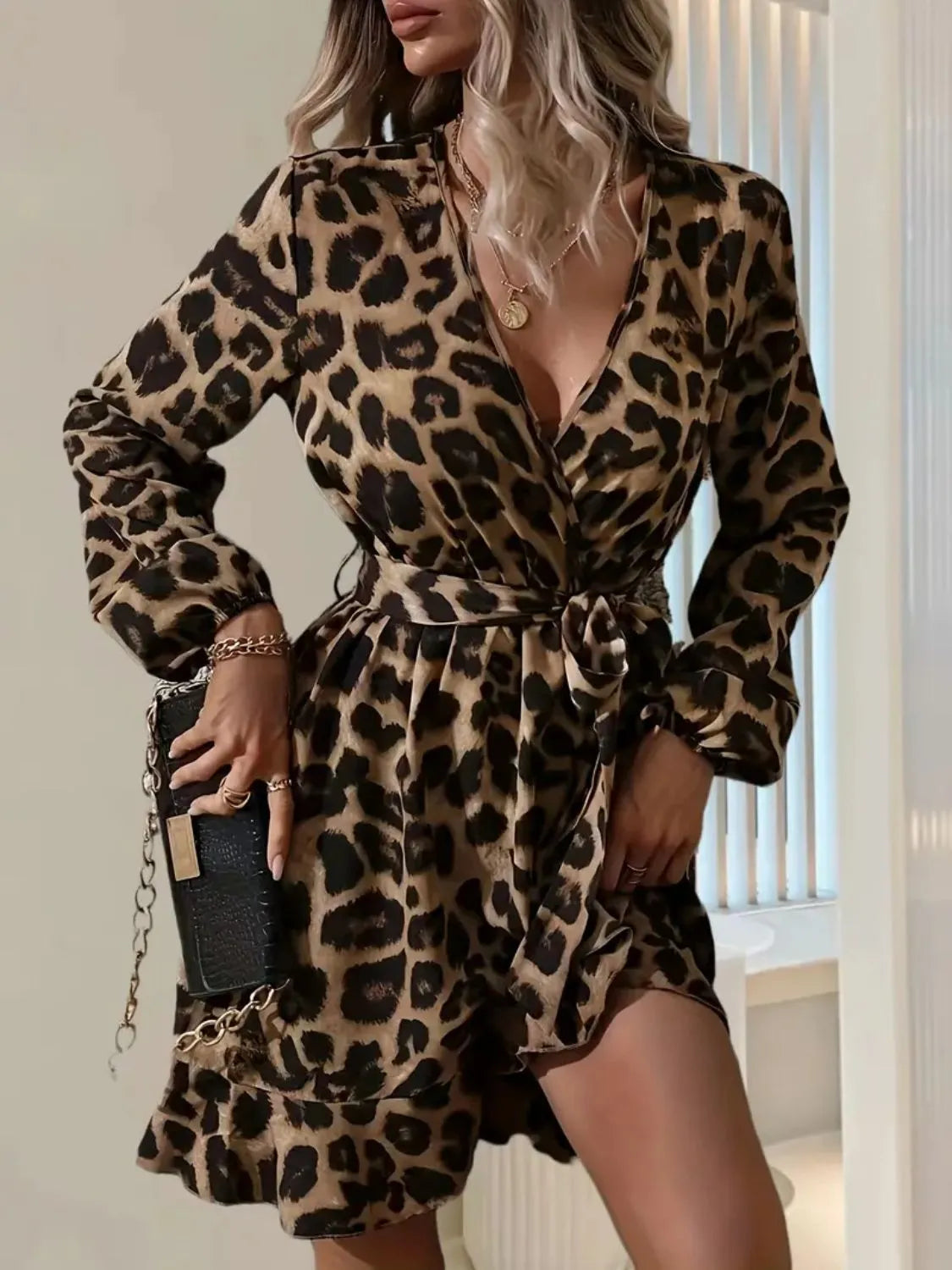 Printed Surplice Balloon Sleeve Mini Dress