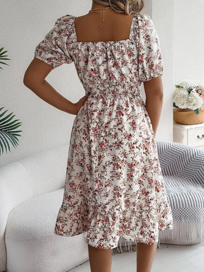 Ruffled Hem Floral Puff Sleeve Dress