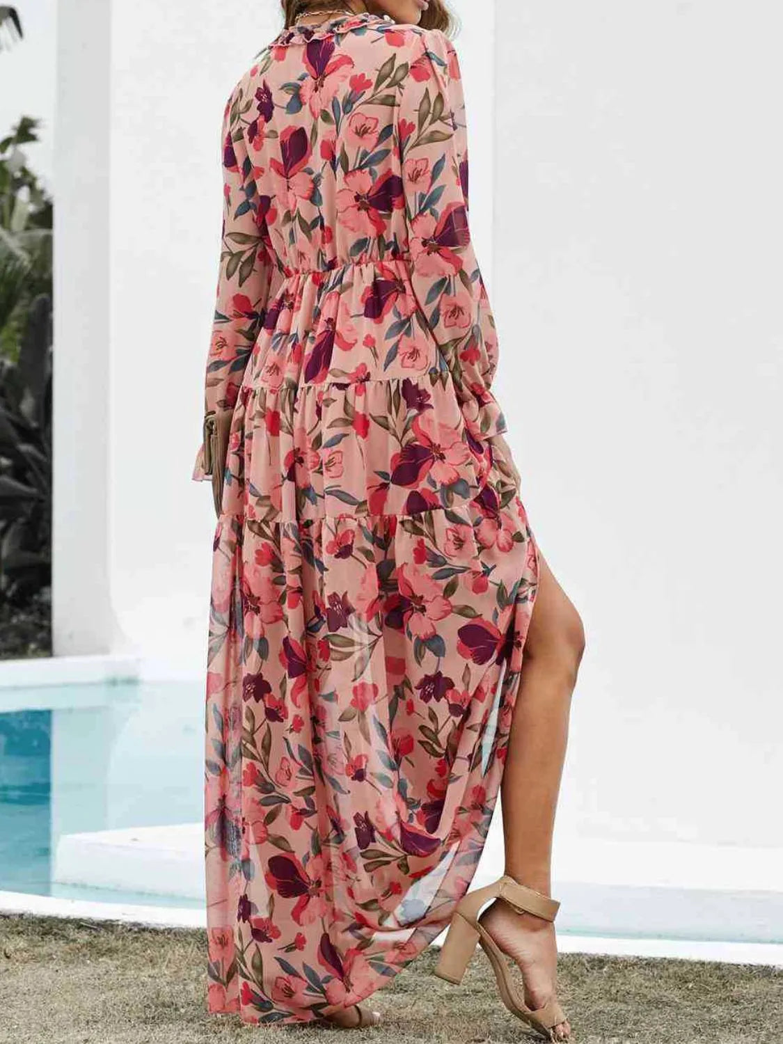 Frill Printed V-Neck Flounce Sleeve Dress