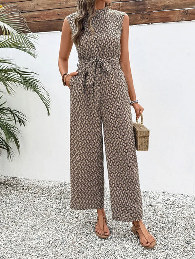 Printed Mock Neck Sleeveless Jumpsuit