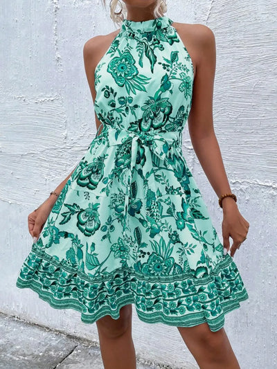 Printed Tie Waist Mini Dress