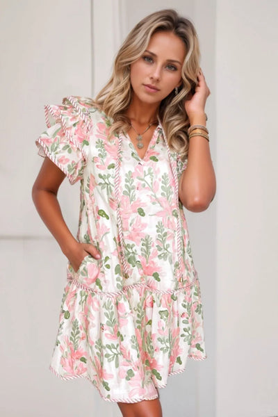 Floral Contrast Edge Layered Short Sleeve Mini Dress