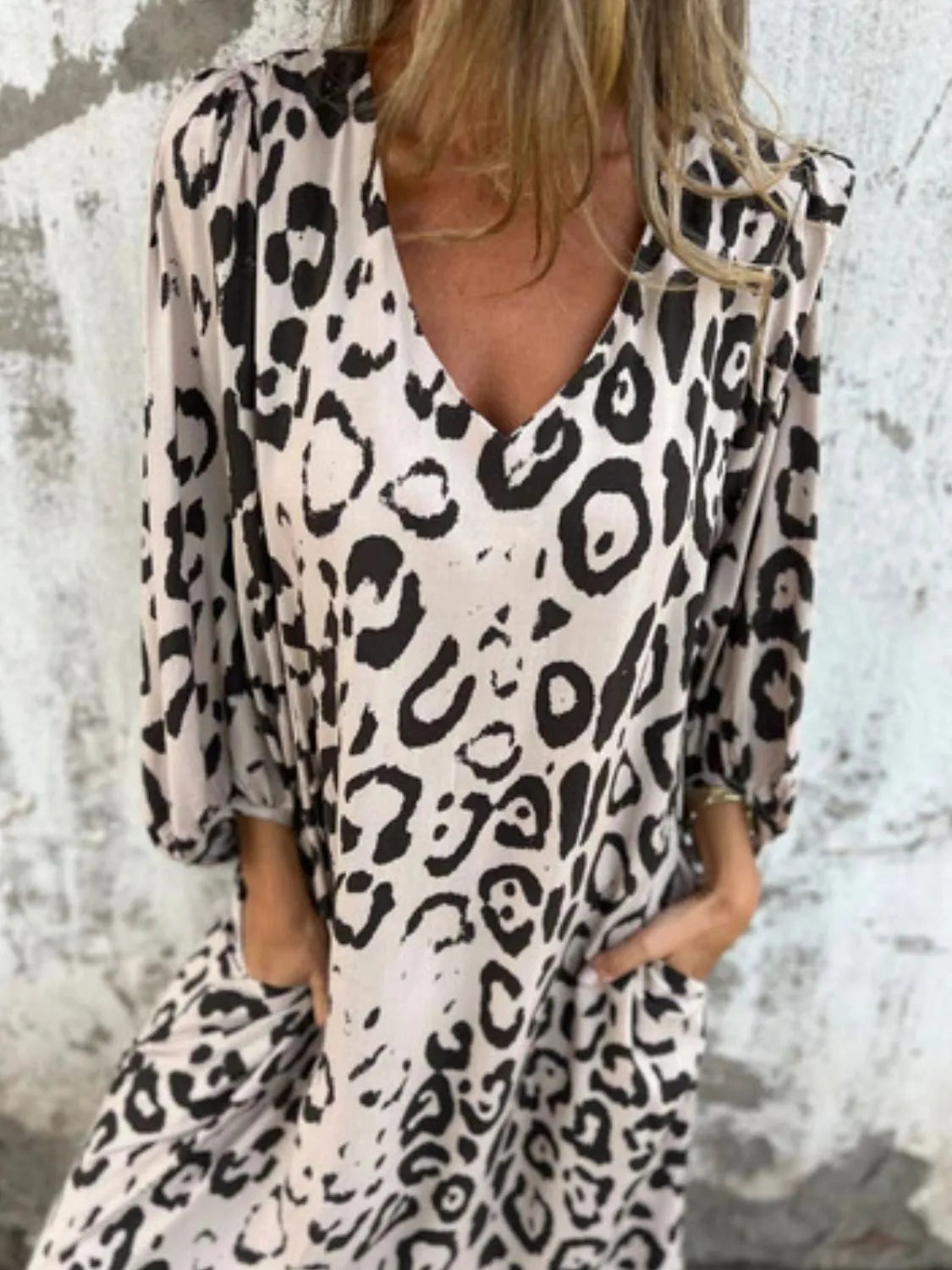 Full Size Printed V-Neck Dress with Pockets Plus Size