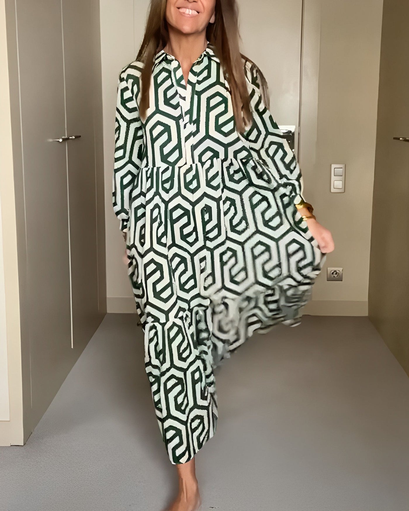 Heidi-Mode | Lässiges Maxi-Kleid Mit Langen Ärmeln Und Druck