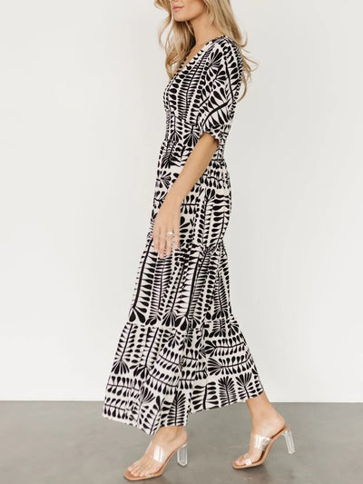 Ruched Printed V-Neck Half Sleeve Midi Dress
