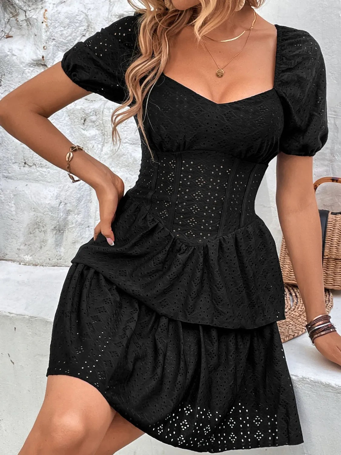 Layered Eyelet Short Sleeve Mini Dress