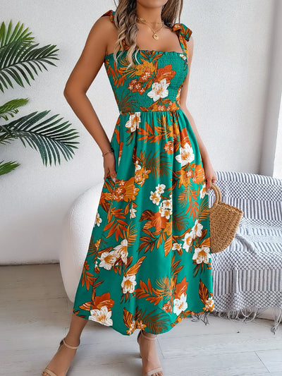 Smocked Floral Tie Shoulder Midi Dress