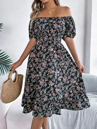 Ruffled Hem Floral Puff Sleeve Dress