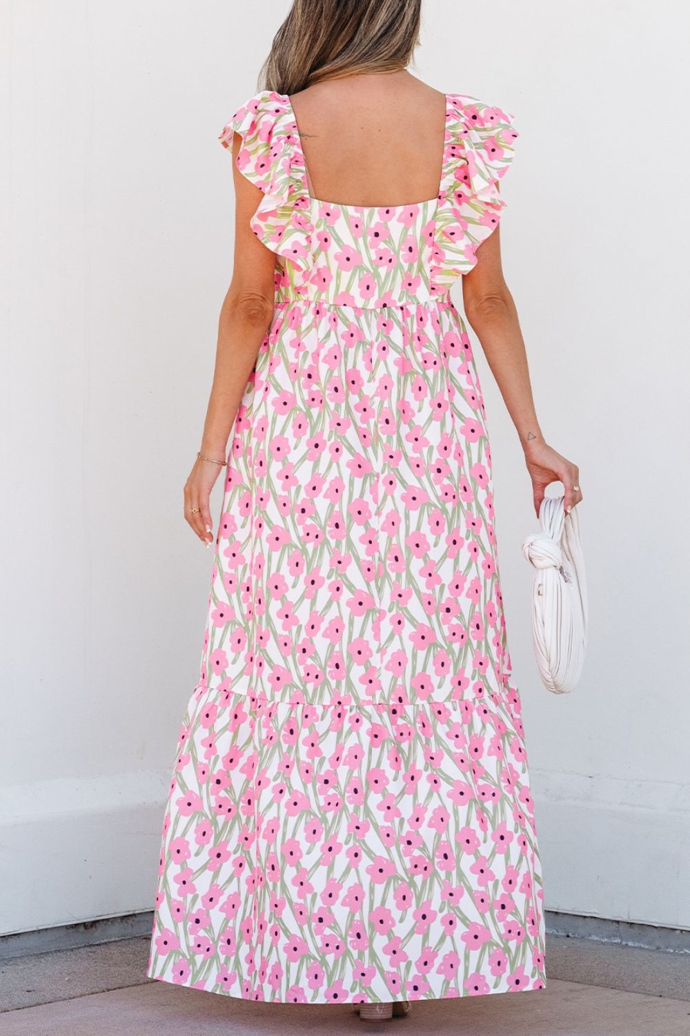 Floral Print Square Neck Ruffled Cap Sleeve Maxi Dress