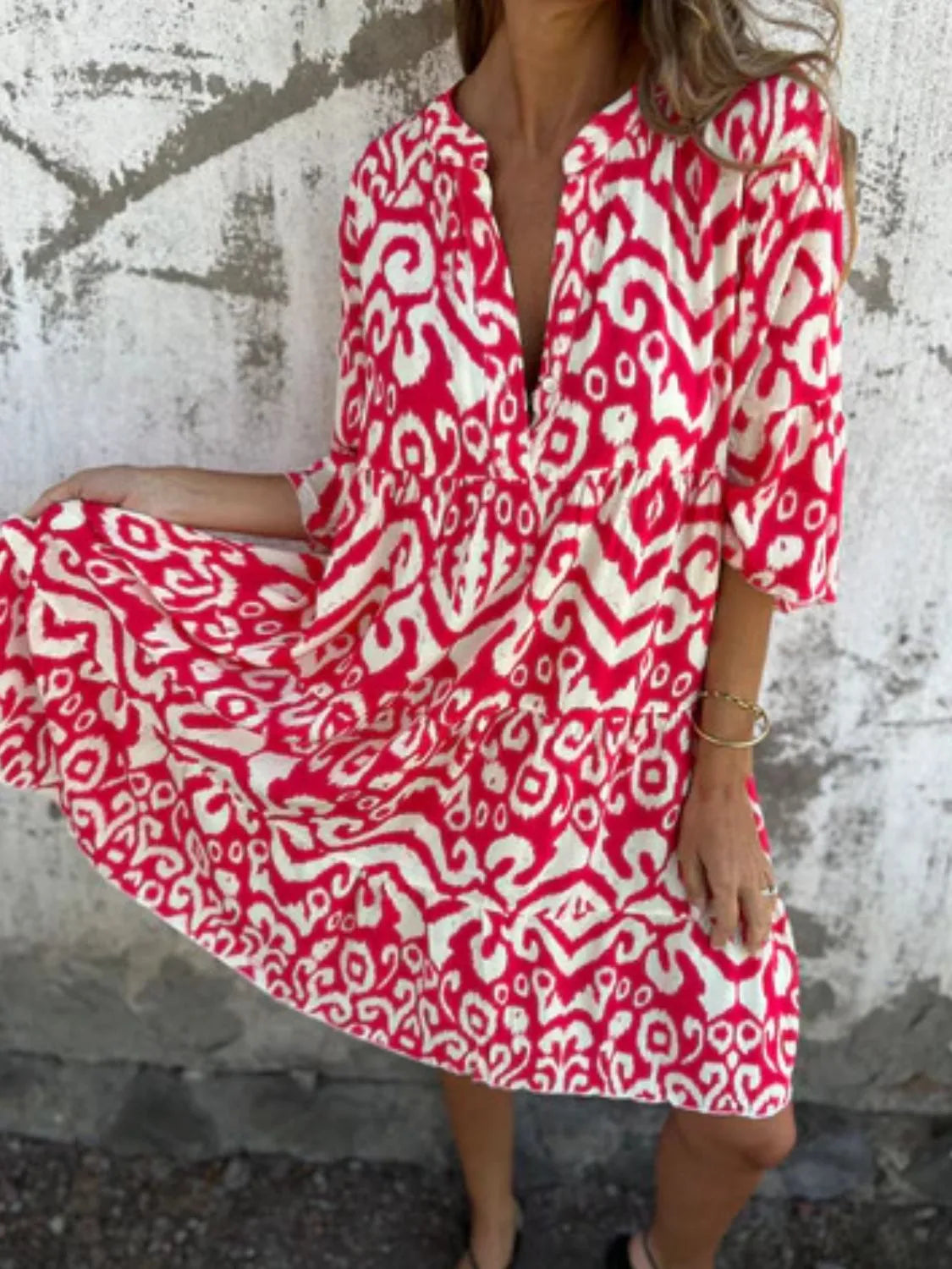 Full Size Printed Notched Half Sleeve Dress Plus Size