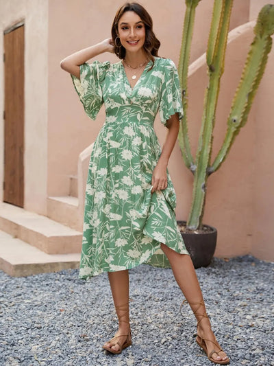 Printed V-Neck Flutter Sleeve Dress