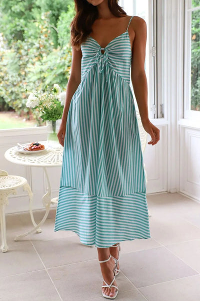 Smocked Back Striped Sleeveless Midi Cami Dress