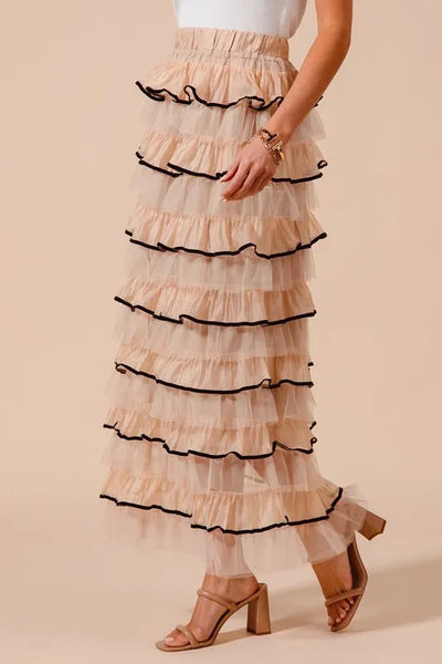 SO ME Layered Ruffled Tulle Maxi Skirt