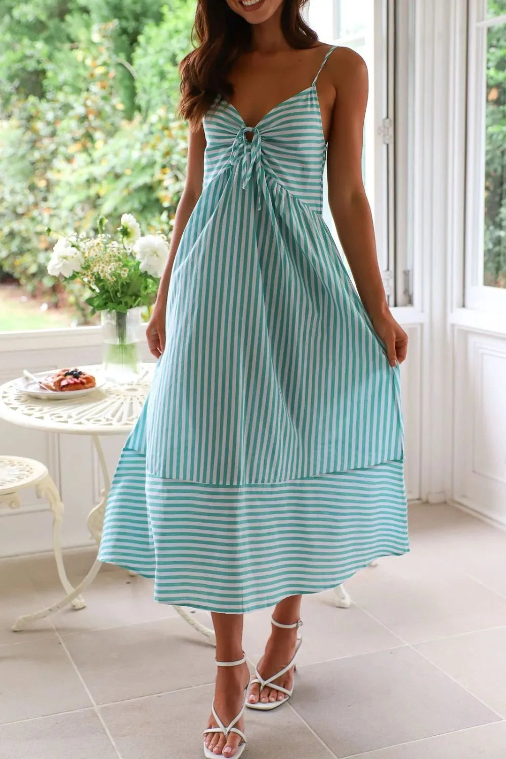 Smocked Back Striped Sleeveless Midi Cami Dress