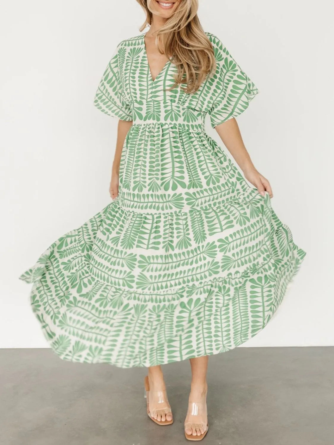 Ruched Printed V-Neck Half Sleeve Midi Dress
