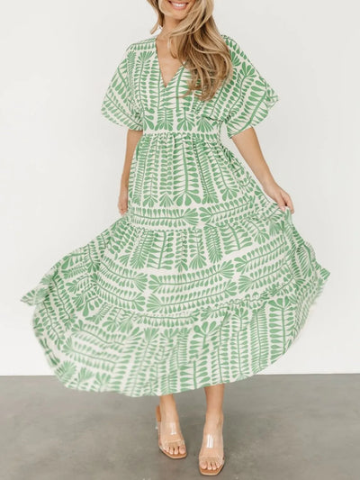 Ruched Printed V-Neck Half Sleeve Midi Dress